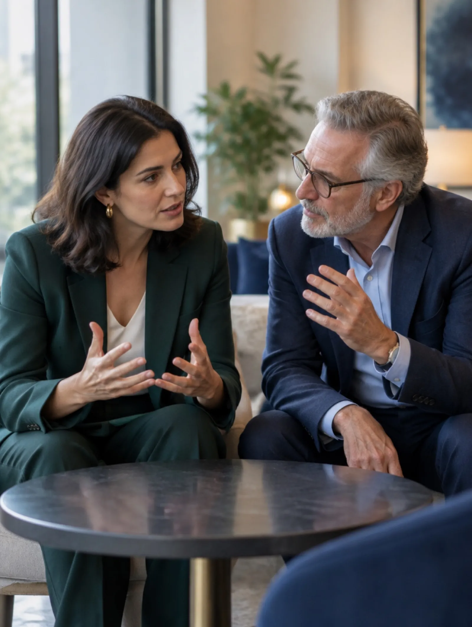 A professional practising what she will say in an important meeting while an experienced mentor gives focused feedback