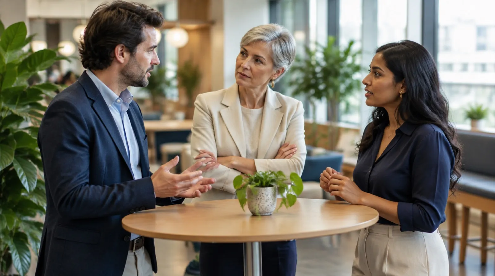 Three professionals in a peer-level stakeholder discussion in an open-plan office