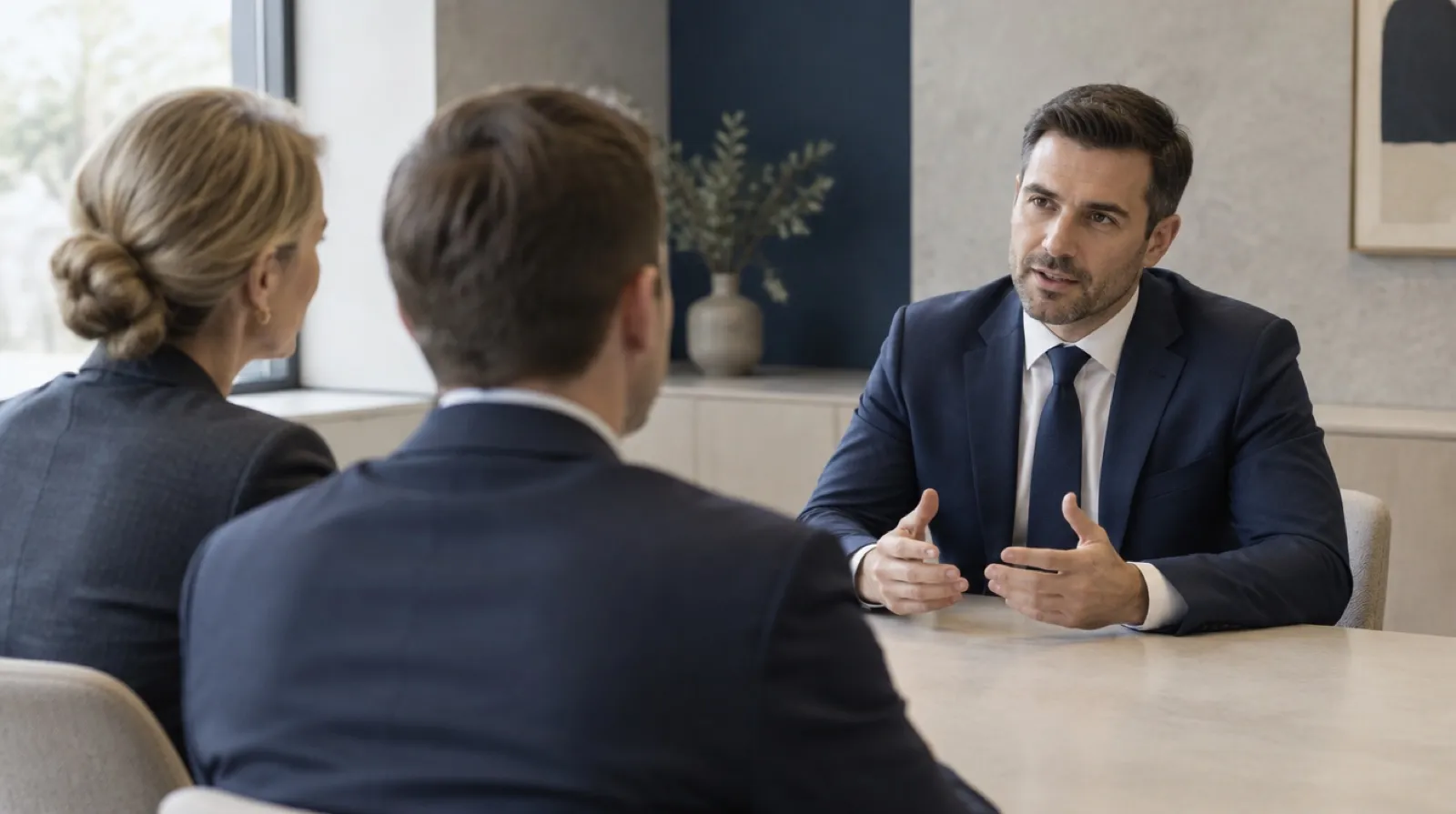 A professional answering an interview panel with confidence