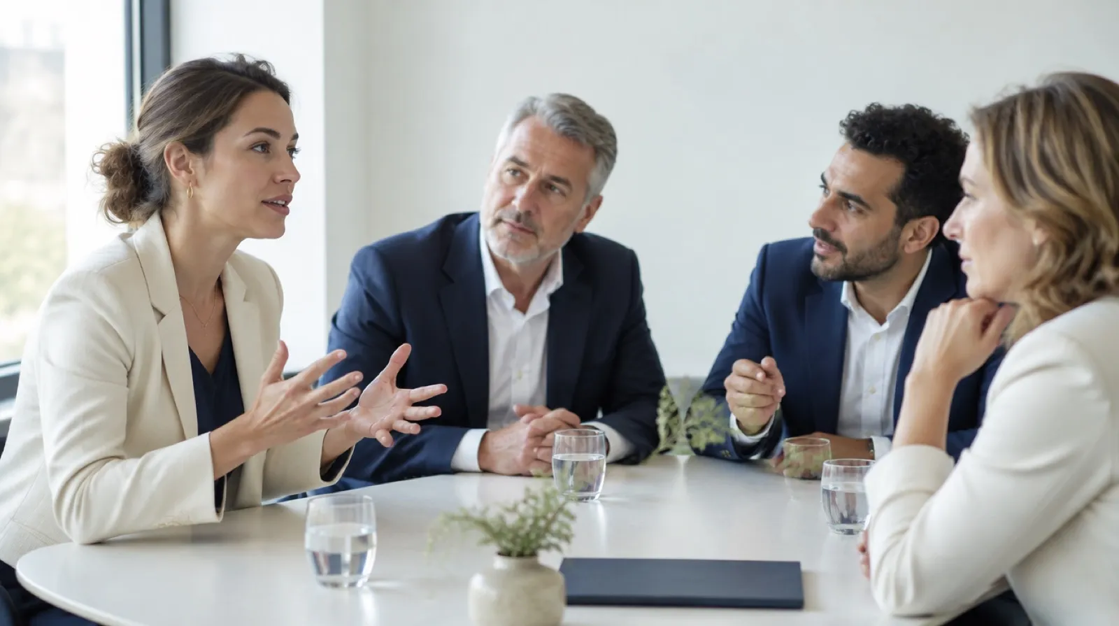 A professional presenting a proposal to colleagues around a meeting table